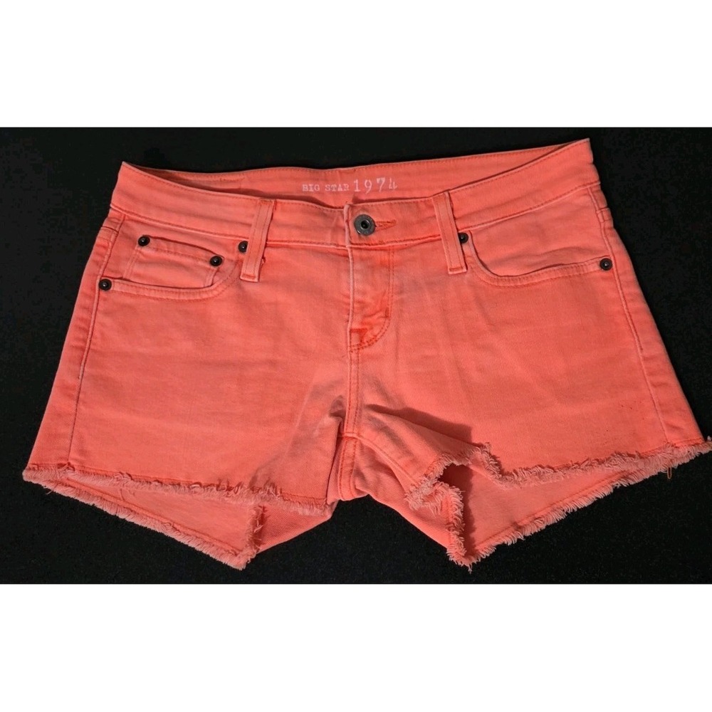 Big Star‎ Neon Pink Denim Jean Shorts Frayed Hem Y2K Shorty Low Rise 25 EUC